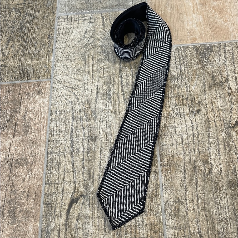 Emporio Armani Black White Stripe Print Knit Neck Tie Mens